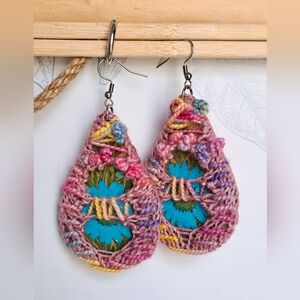 Teardrop Hand Knitted Embroidered Earrings Dry Blue Flowers Pink Multicolor Yarn